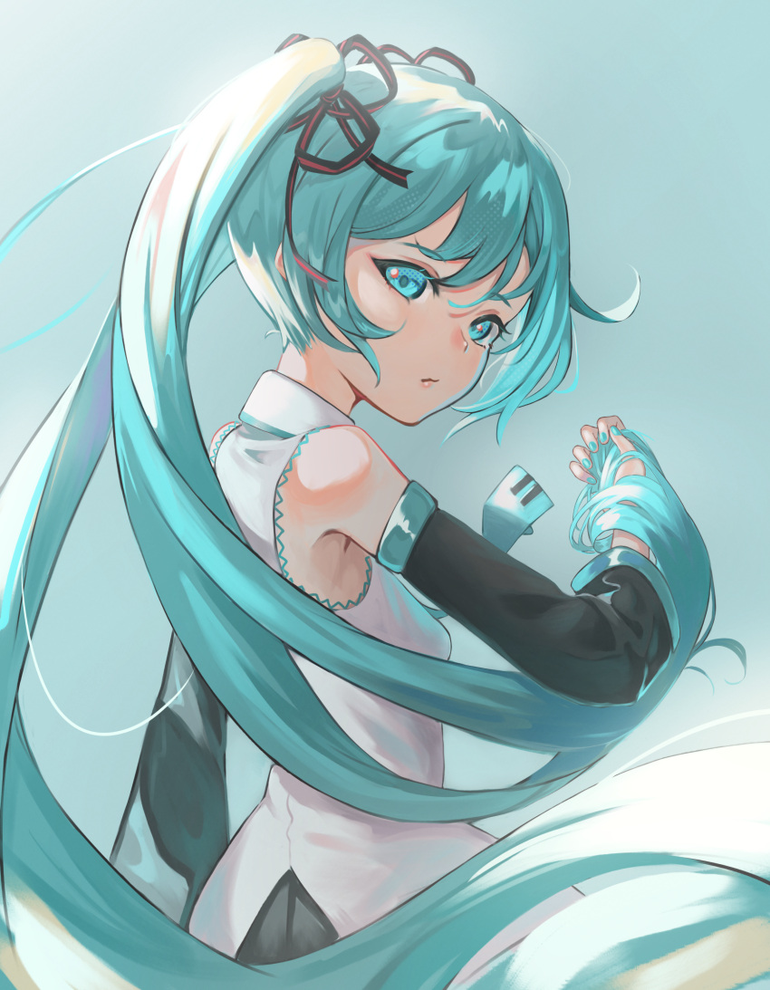 1girl black_ribbon black_sleeves blue_eyes blue_hair blue_nails blue_necktie closed_mouth detached_sleeves floating_hair from_side grey_background hair_ribbon hatsune_miku highres holding holding_hair long_hair long_sleeves looking_at_viewer nail_polish necktie ribbon shiny shiny_hair shirt sleeveless sleeveless_shirt solo standing striped striped_ribbon twintails uito_yzwa very_long_hair vocaloid white_shirt