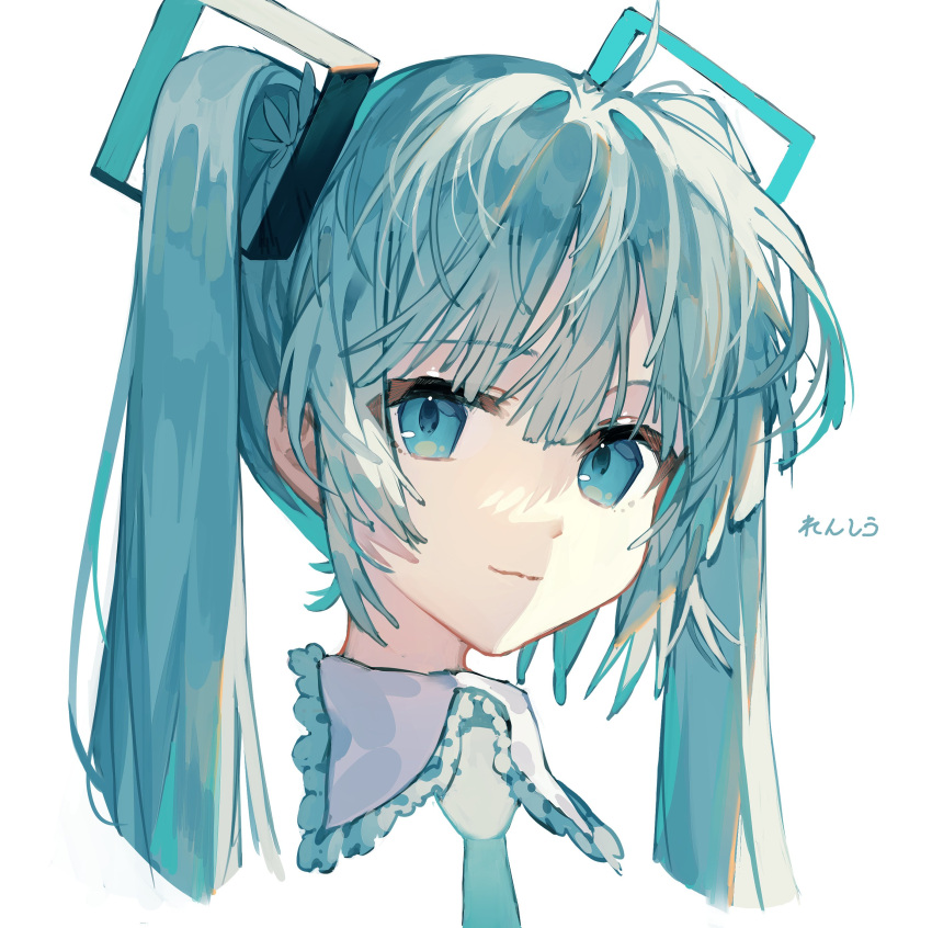 1girl absurdres ahoge aqua_eyes aqua_hair aqua_necktie bangs closed_mouth deep_(deep4946) frilled_shirt_collar frills hair_between_eyes hatsune_miku head_only highres long_hair looking_at_viewer messy_hair necktie portrait shaded_face simple_background solo twintails vocaloid white_background