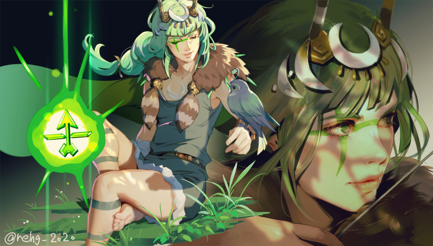 1girl animal_on_arm artemis_(hades) bangs barefoot belt bird bird_on_arm blunt_bangs bow_(weapon) breasts cape close-up closed_eyes crescent crescent_hair_ornament crossed_legs drawing_bow dress facepaint foot_out_of_frame fur_collar green_cape green_eyes green_hair hades_(game) hage2013 hair_ornament highres holding holding_bow_(weapon) holding_weapon leaf long_hair looking_to_the_side low-tied_long_hair multiple_views parted_lips sitting sleeveless sleeveless_dress small_breasts smile twitter_username weapon