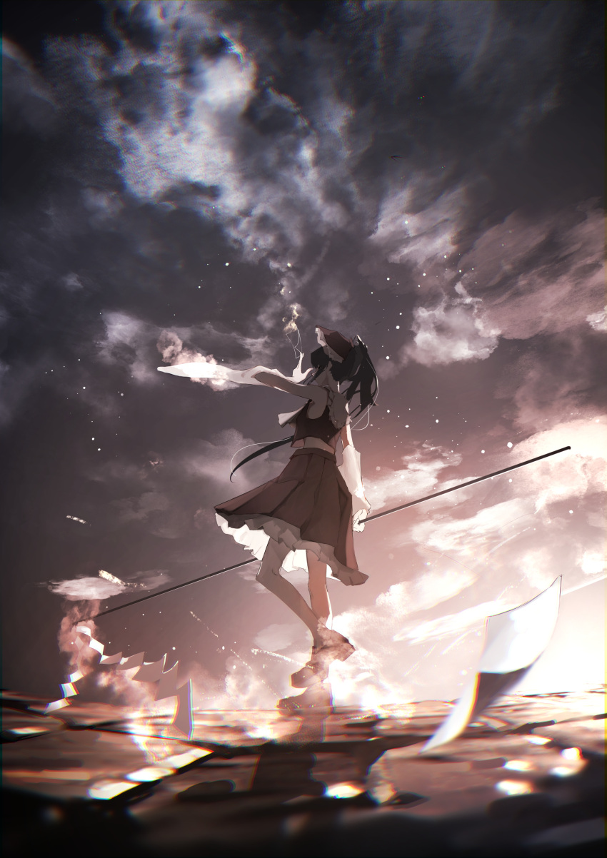 1girl absurdres aimu_(hwfdx) ascot bangs between_fingers blurry blurry_foreground bow clothes_lift clouds cloudy_sky depth_of_field detached_sleeves energy frilled_bow frilled_shirt_collar frills from_side glowing_clothes grey_sky ground_shatter hair_bow hakurei_reimu hand_up high_heels highres holding_gohei knee_up light_particles long_hair looking_at_viewer midriff petticoat pleated_skirt ponytail pumps red_bow red_shirt red_skirt scenery serious shirt shirt_lift sidelocks skirt skirt_lift sky sleeveless sleeveless_shirt solo steam talisman touhou white_sleeves wind