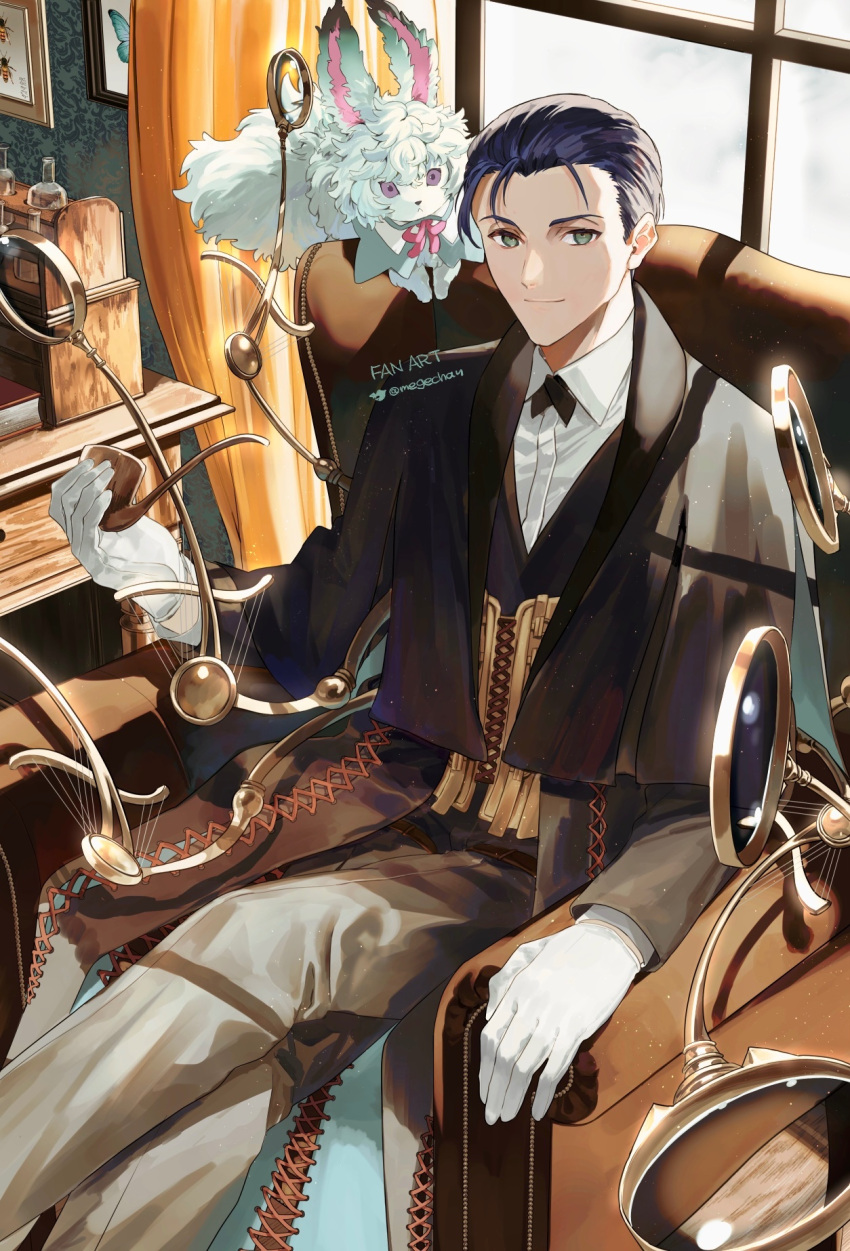 1boy bangs black_hair black_pants chair closed_mouth collared_shirt commentary_request creature facial_hair fate/grand_order fate_(series) feet_out_of_frame formal fou_(fate) gloves green_eyes highres holding holding_smoking_pipe jacket light_particles light_smile long_sleeves looking_at_viewer magnifying_glass male_focus megechan pants sherlock_holmes_(fate) shirt short_hair sitting smile smoking_pipe solo suit sunlight twitter_username violet_eyes white_gloves white_shirt