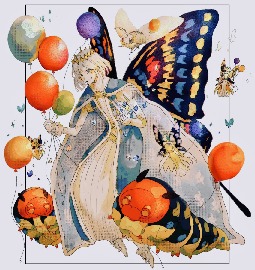 1boy arthropod_boy balloon bangs blanca_(fate) blue_cloak blue_eyes blush bug butterfly butterfly_wings cape cloak commentary_request crown diamond_hairband fairy fate/grand_order fate_(series) full_body fur-trimmed_cape fur-trimmed_cloak fur_trim gold_trim grey_hair highres holding holding_balloon insect_wings long_sleeves male_focus medium_hair moth oberon_(fate) puffy_sleeves shiba780205 smile solo_focus tassel white_fur white_hair wings worm