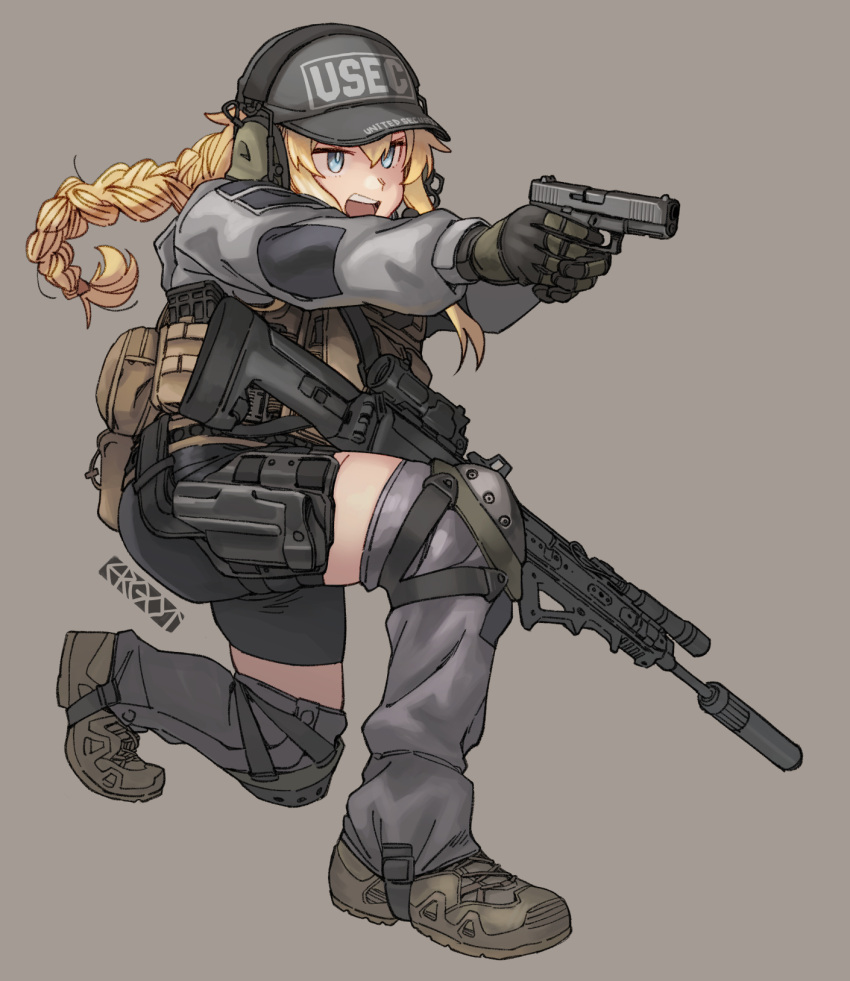 1girl aiming aqua_eyes bangs blonde_hair braid brown_footwear clothes_writing commission english_commentary ergot gloves grey_background grey_headwear gun hair_between_eyes handgun hat headphones highres holding holding_gun holding_weapon indie_virtual_youtuber knee_pads long_hair long_sleeves military multiple_weapons one_knee open_mouth rifle simple_background single_braid solo vest virtual_youtuber weapon whiskey_project