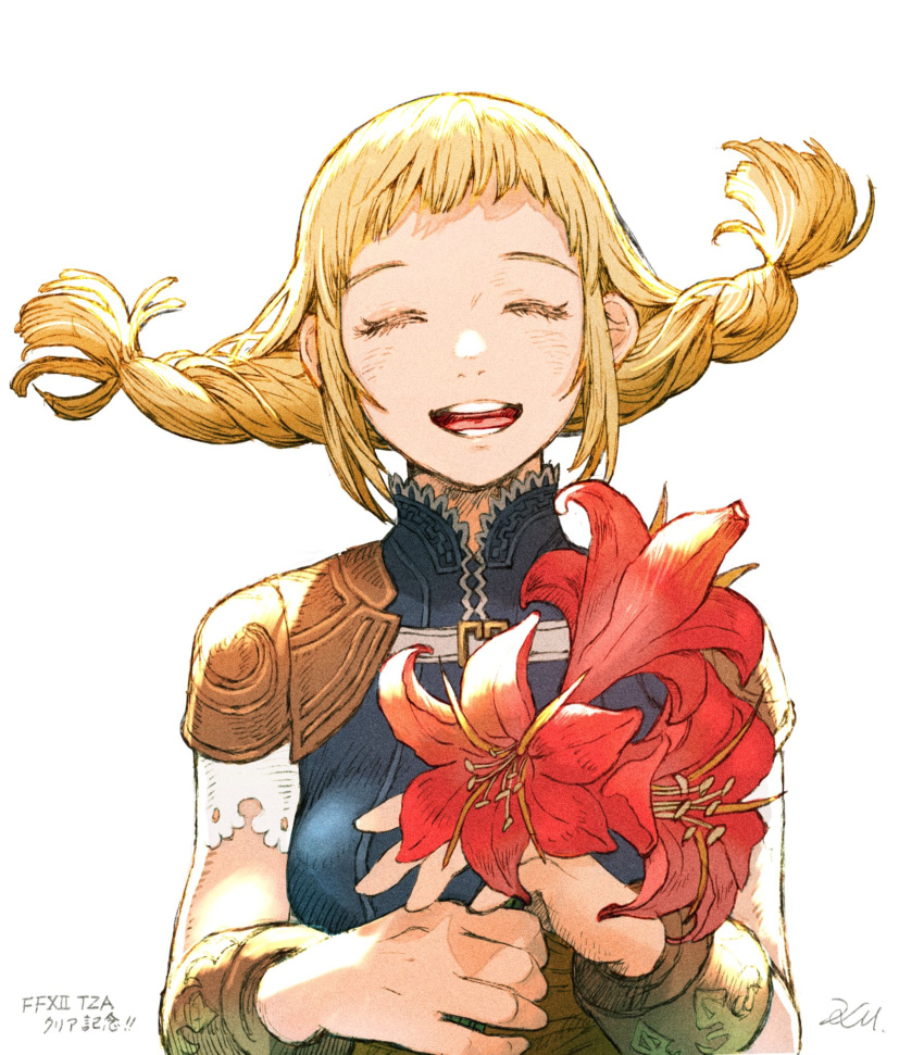 1girl ^_^ ^o^ armband armor bangs blonde_hair blue_jacket braid closed_eyes copyright_name facing_viewer final_fantasy final_fantasy_xii floating_hair flower hands_up happy hatching_(texture) highres holding holding_flower jacket kuroimori open_mouth pauldrons penelo red_flower short_bangs shoulder_armor signature sleeveless sleeveless_jacket smile solo twin_braids upper_body