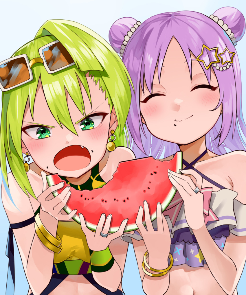 2girls absurdres alina_gray alina_gray_(swimsuit_costume) bangs bare_shoulders bikini blush chewing closed_eyes earrings eating food food_on_face frilled_bikini frills fruit green_eyes green_hair hair_between_eyes hair_bun hair_ornament highres holding jewelry magia_record:_mahou_shoujo_madoka_magica_gaiden mahou_shoujo_madoka_magica mamadasky misono_karin misono_karin_(swimsuit_costume) multiple_girls open_mouth parted_bangs ponytail purple_hair star_(symbol) star_hair_ornament sunglasses swimsuit watermelon watermelon_slice yellow_bikini