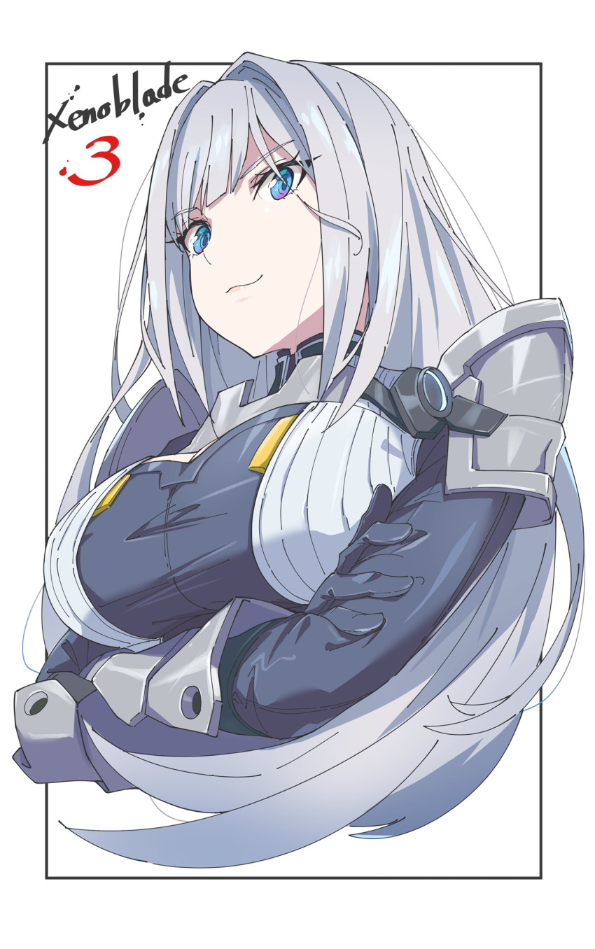 1girl armor blue_eyes border breasts copyright_name cropped_torso crossed_arms ethel_(xenoblade) from_below gloves grey_gloves grey_hair highres large_breasts long_hair pauldrons shoulder_armor showhey!! white_background xenoblade_chronicles_(series) xenoblade_chronicles_3