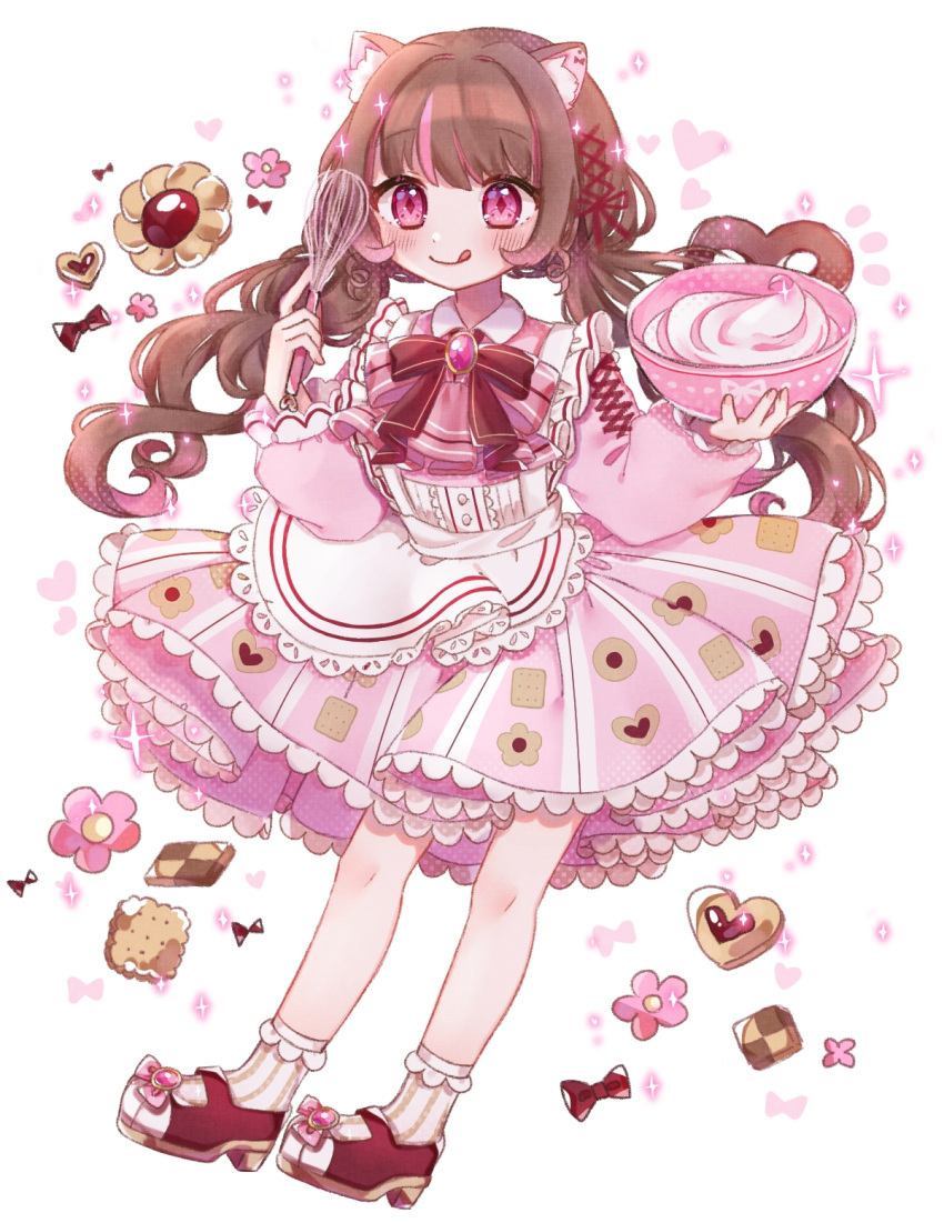 1girl :p animal_ears apron bangs biscuit_(bread) blush bow bow_earrings bowl brown_hair cat_ears checkerboard_cookie collared_dress cookie cross-laced_sleeves dress earrings flower food food_print footwear_bow frilled_dress frills hair_ribbon heart-shaped_cookie highres holding holding_bowl holding_whisk jewelry kohaku_aozora long_hair long_sleeves low_twintails multicolored_hair multiple_earrings neck_ribbon original pink_eyes pink_hair ribbon smile socks solo streaked_hair thumbprint_cookie tongue tongue_out twintails two-tone_hair valentine very_long_hair whisk