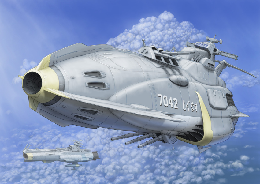 blue_sky clouds commentary_request energy_cannon flying kinoshita_teitoku military missile_pod mogami_(spaceship) muzzle no_humans radar_dish radio_antenna realistic science_fiction sky spacecraft thrusters turret uchuu_senkan_yamato uchuu_senkan_yamato_2202:_ai_no_senshi-tachi wave_motion_gun