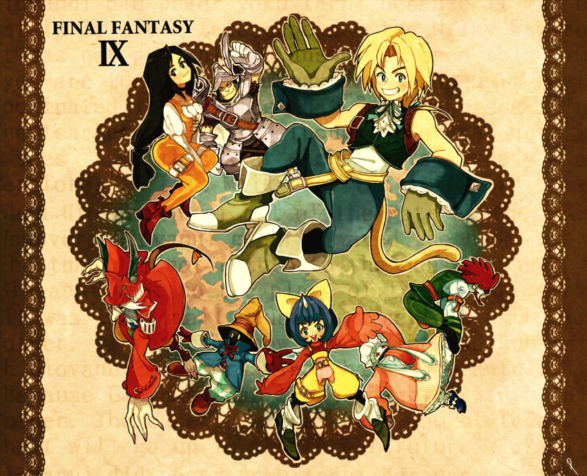 1other 3girls 4boys armor baggy_pants barefoot between_legs black_hair black_mage blonde_hair blue_coat blue_eyes blue_hair blue_pants bodysuit boots bow breasts brown_footwear burmecian chef_hat choker claws clenched_hand coat dreadlocks eiko_carol everyone final_fantasy final_fantasy_ix fingernails floating freija_crescent frilled_shirt_collar frills full_body garnet_til_alexandros_xvii gloves green_pants grin hair_bow hand_between_legs hand_up hat hat_feather helmet highres horns jewelry knight lace-up lace-up_top long_hair long_sleeves low_ponytail medium_breasts monkey_tail mouse_tail multiple_boys multiple_girls neck_ribbon orange_bodysuit outstretched_arms pale_skin pants pendant pink_shirt plate_armor posca puffy_sleeves quina_quen red_coat red_footwear red_gloves red_headwear redhead ribbon salamander_coral sharp_fingernails shirt short_hair short_hair_with_long_locks shoulder_belt single_horn sleeveless sleeveless_shirt smile striped striped_pants tail teeth thigh_strap tongue tongue_out vest vivi_ornitier waving white_hair white_shirt winged_helmet wizard_hat wrist_cuffs yellow_bow yellow_eyes yellow_overalls zidane_tribal