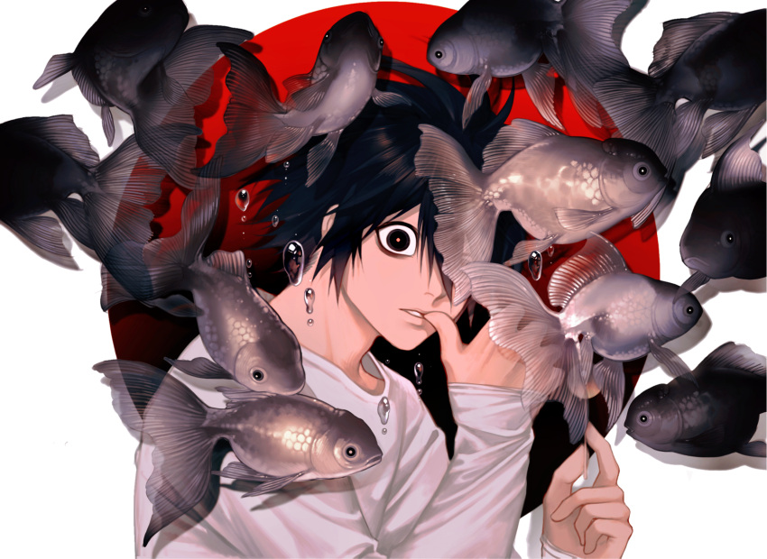 1boy air_bubble animal bags_under_eyes biting black_hair bubble circle death_note fish from_side goldfish hands_up highres huli_xiaobai index_finger_raised l_(death_note) long_sleeves looking_at_viewer looking_to_the_side male_focus one_eye_covered partially_colored school_of_fish shirt short_hair sleeves_past_wrists submerged thumb_biting upper_body white_background white_shirt