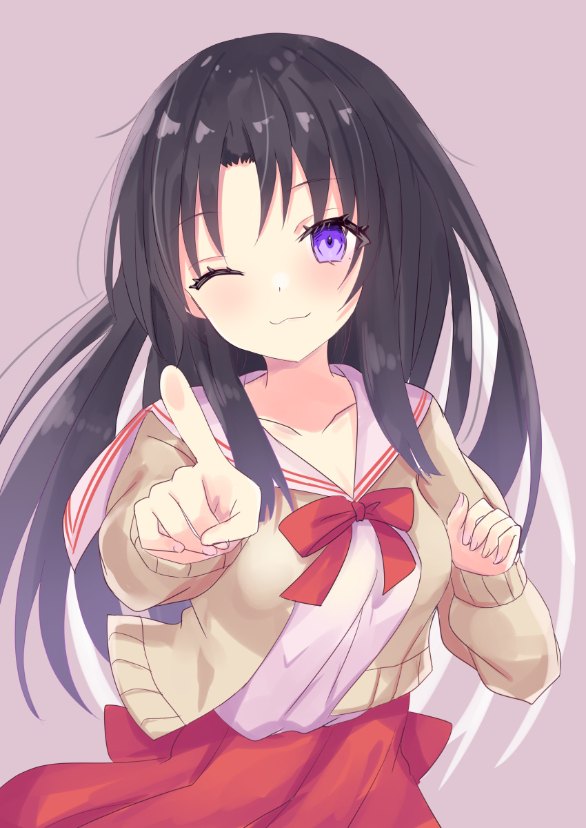 1girl ;) absurdres bangs black_hair bow breasts brown_cardigan cardigan closed_mouth commentary_request highres hizaka kawana_misaki long_hair long_sleeves looking_at_viewer one_-_kagayaku_kisetsu_e one_eye_closed open_cardigan open_clothes parted_bangs pleated_skirt pointing pointing_at_viewer purple_background red_bow red_skirt sailor_collar school_uniform serafuku shirt simple_background skirt small_breasts smile solo very_long_hair violet_eyes white_sailor_collar white_shirt
