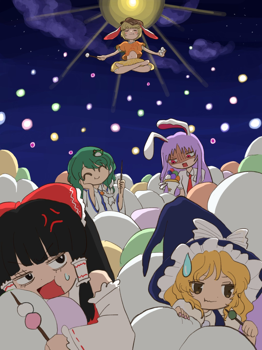 5girls anger_vein animal_ears arms_up bangs bare_shoulders barefoot beret black_eyes black_hair blonde_hair blue_dress blue_headwear blue_sky bow breasts brown_eyes brown_headwear chunmarupi closed_eyes closed_mouth clouds cloudy_sky collared_dress collared_shirt commentary_request crossed_legs dango detached_sleeves dress eating eyes_visible_through_hair flying food frog_hair_ornament full_moon green_hair grey_bow grey_shirt gun hair_between_eyes hair_ornament hair_tubes hakurei_reimu hand_on_own_face hand_up hands_up hat hat_bow highres holding holding_weapon kirisame_marisa kochiya_sanae legacy_of_lunatic_kingdom long_hair long_sleeves looking_back looking_down looking_to_the_side lunatic_gun lying medium_breasts medium_hair moon multiple_girls navel necktie night night_sky on_stomach open_mouth orange_shirt puffy_short_sleeves puffy_sleeves purple_hair rabbit_ears red_bow red_dress red_eyes red_necktie reisen_udongein_inaba ringo_(touhou) shaded_face shirt short_hair short_sleeves shorts sky smile snake_hair_ornament spell_card standing star_(sky) starry_sky striped striped_shorts sweat sweatdrop t-shirt touhou wagashi weapon wide_sleeves witch_hat yellow_shorts