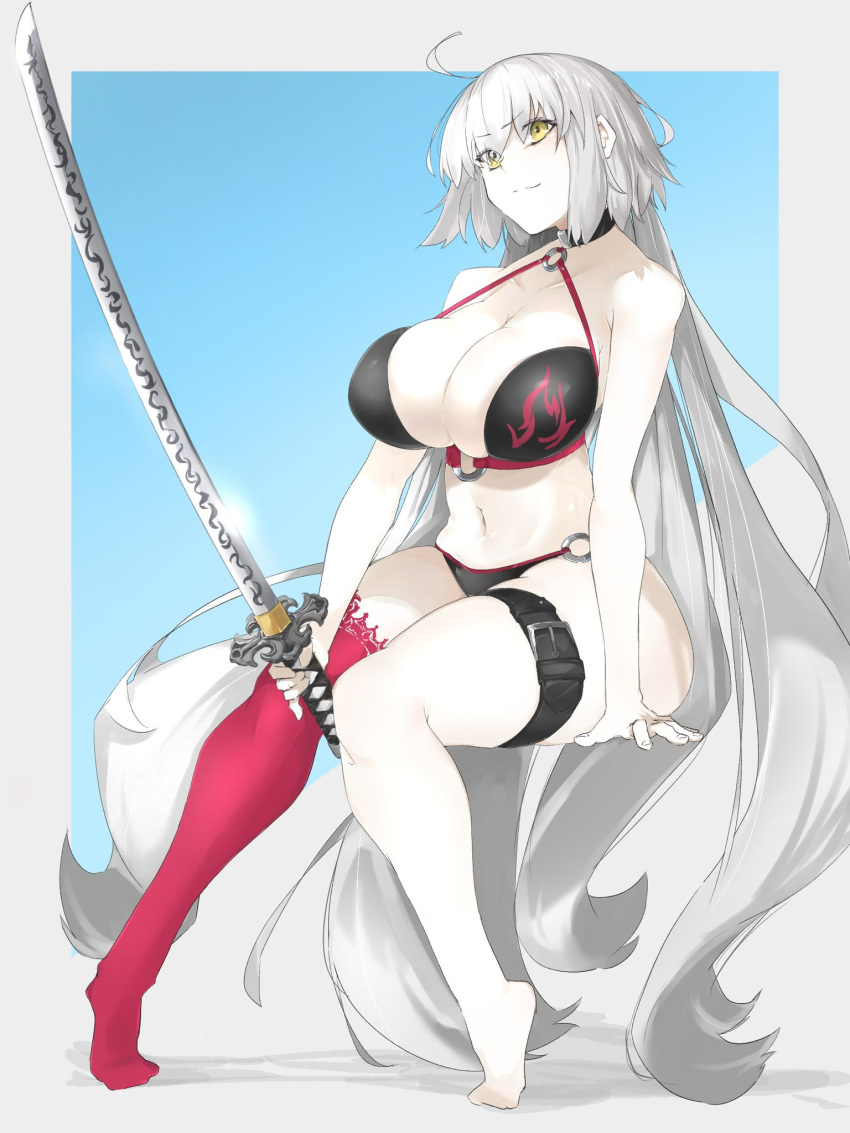 1girl arm_support bikini breasts collarbone fate/grand_order fate_(series) halter_top halterneck head_tilt highres jeanne_d'arc_alter_(fate) jeanne_d'arc_alter_(swimsuit_berserker)_(fate) katana large_breasts long_hair navel o-ring o-ring_bikini pale_skin pinky_out ri_o_ne_su sidelocks single_thighhigh sitting skindentation solo swimsuit sword thigh-highs thigh_strap very_long_hair weapon white_hair yellow_eyes