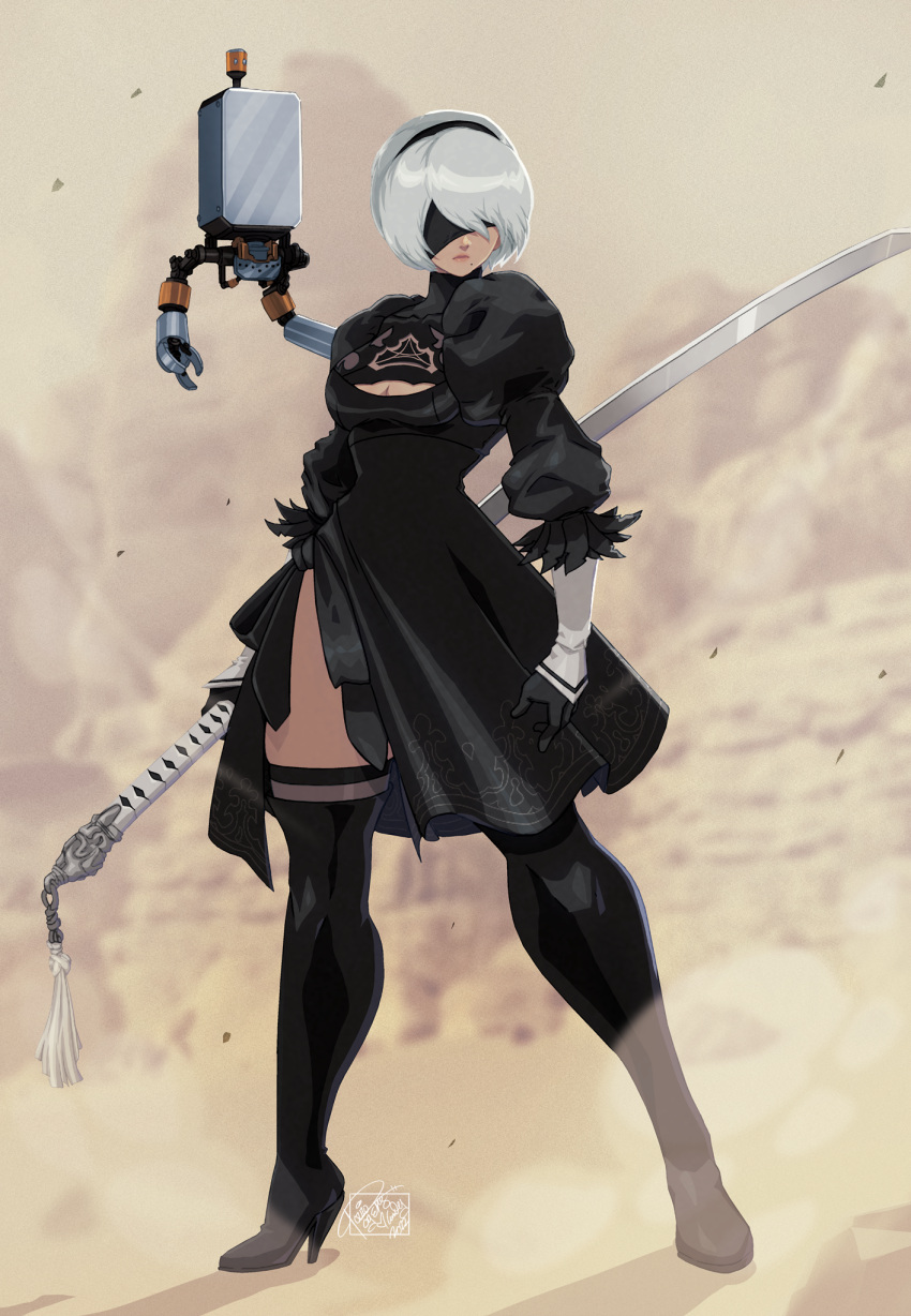 1girl black_blindfold black_dress black_footwear black_gloves black_hairband black_thighhighs blindfold boots breasts cleavage_cutout clothing_cutout covered_eyes dress full_body gloves grey_hair hairband high_heel_boots high_heels highres holding holding_sword holding_weapon huge_weapon juliet_sleeves long_sleeves medium_breasts mole mole_under_mouth narrow_waist nier_(series) nier_automata ootachi pod_(nier_automata) puffy_sleeves reverse_grip side_slit solo_focus standing sword thigh-highs thigh_boots thighhighs_under_boots thighs tovio_rogers vambraces virtuous_contract weapon yorha_no._2_type_b