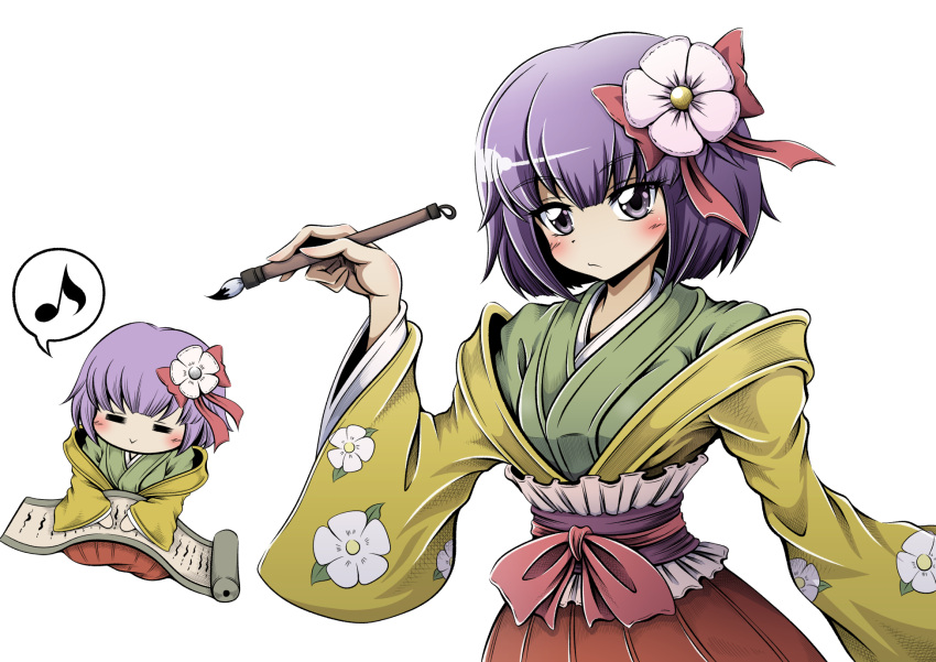 1girl :&gt; bangs calligraphy_brush closed_eyes closed_mouth floral_print flower green_kimono hair_flower hair_ornament hidefu_kitayan hieda_no_akyuu highres holding holding_paintbrush japanese_clothes kimono looking_at_viewer multiple_girls musical_note paintbrush purple_hair red_skirt short_hair simple_background skirt spoken_musical_note touhou violet_eyes white_background white_flower wide_sleeves yellow_sleeves