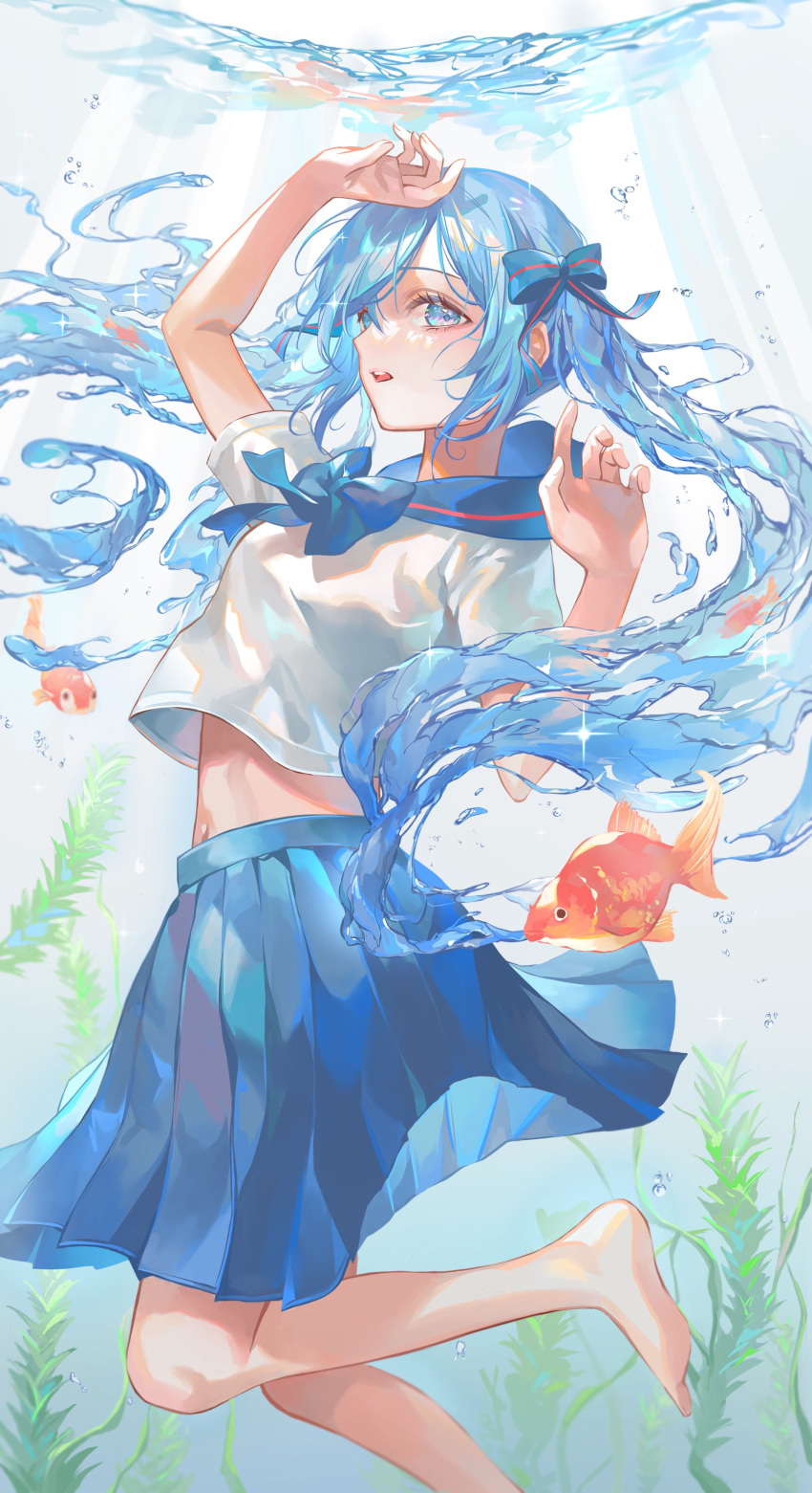 absurdres arm_on_head arm_up bangs blue_bow blue_collar blue_eyes blue_hair blue_skirt blurry blurry_background bow bowtie collar collared_shirt day fingernails fish foot_out_of_frame hair_bow hatsune_miku highres kinakomocci518 light_rays long_hair looking_at_viewer navel open_mouth pleated_skirt school_uniform seaweed shirt short_sleeves skirt sparkle sunbeam sunlight swept_bangs twintails underwater very_long_hair vocaloid water white_shirt