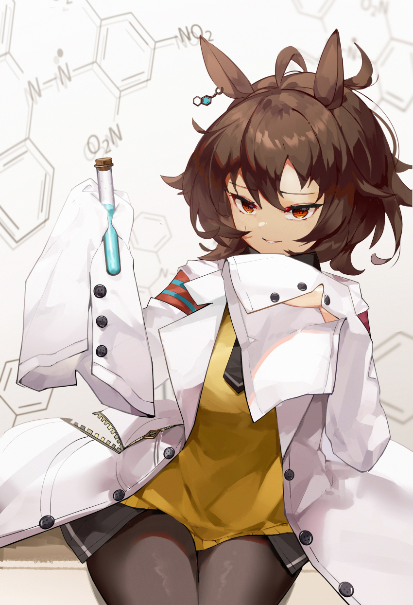 absurdres agnes_tachyon_(umamusume) ahoge brown_hair chemical_structure cork earrings highres horse_girl jewelry labcoat mad_scientist messy_hair necktie pantyhose priest77 red_eyes short_hair single_earring sitting sleeves_past_fingers sleeves_past_wrists sweater sweater_vest test_tube umamusume yellow_sweater