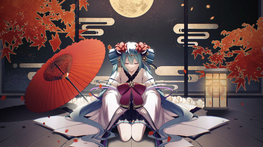 1girl absurdres aqua_hair bangs black_skirt bow closed_eyes closed_mouth comb commentary_request egasumi facing_viewer full_body full_moon hair_ornament hatsune_miku highres horns japanese_clothes kanvien kimono leaf leaf_hair_ornament long_hair long_sleeves maple_leaf miniskirt moon oil-paper_umbrella parasol pink_bow pleated_skirt red_umbrella seiza sitting skirt smile solo umbrella very_long_hair vocaloid white_kimono wide_sleeves