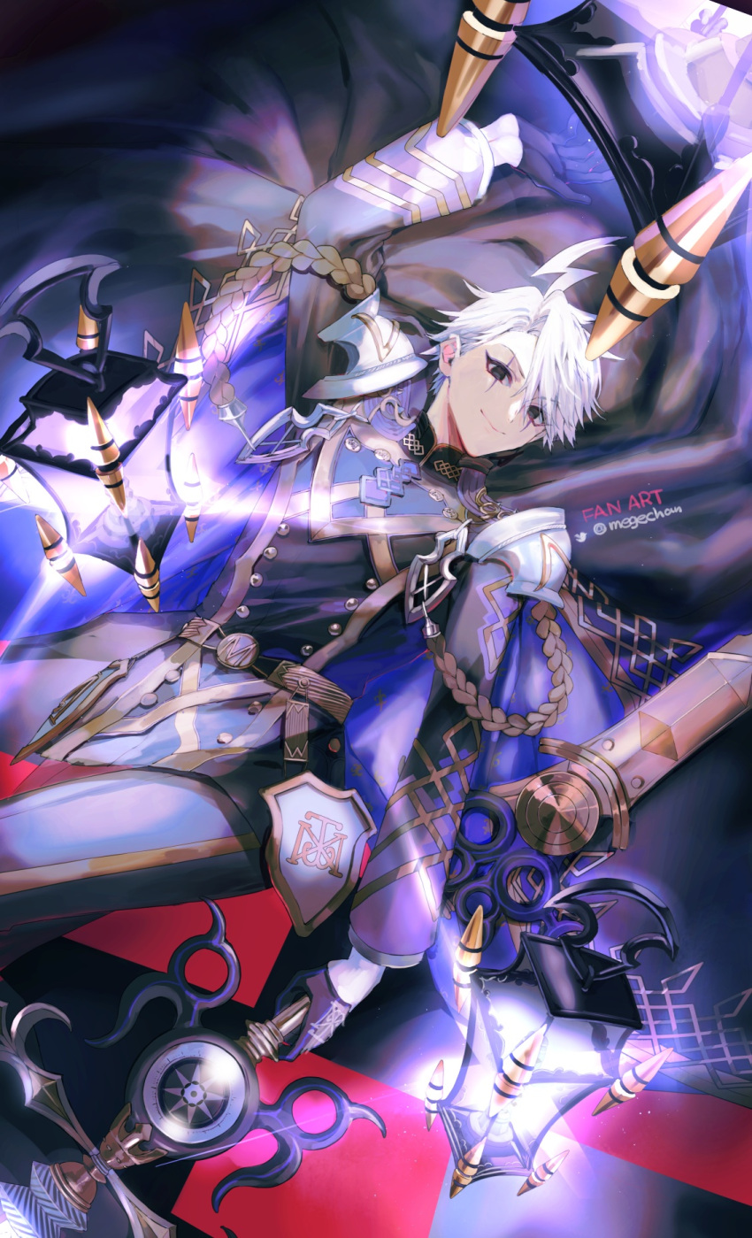 1boy ahoge armor bangs black_eyes black_gloves closed_mouth curtained_hair facial_mark fate/grand_order fate_(series) feet_out_of_frame gloves gold_trim grey_hair high_collar highres holding holding_scissors holding_weapon james_moriarty_(fate) james_moriarty_(ruler)_(fate) lamp long_sleeves looking_at_viewer male_focus megechan official_alternate_costume pants scissors shirt short_hair shoulder_armor smile solo twitter_username weapon younger