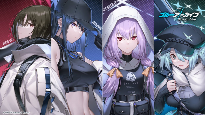 4girls atsuko_(blue_archive) blue_archive blue_hair breasts character_name commentary_request famepeera halo hat hiyori_(blue_archive) jacket large_breasts looking_at_viewer medium_breasts misaki_(blue_archive) multiple_girls navel red_eyes saori_(blue_archive) tactical_clothes