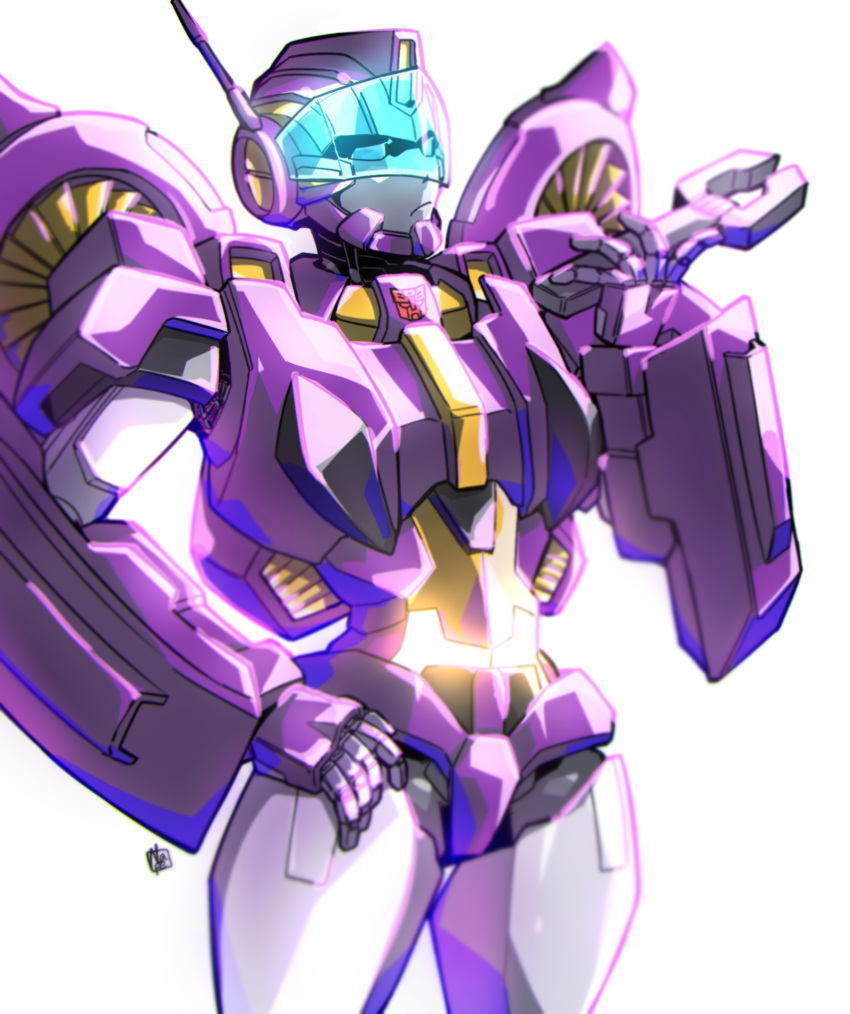 autobot blue_eyes frown hand_on_hip highres holding holding_wrench looking_to_the_side mecha nasutetsu nautica_(transformers) radio_antenna robot science_fiction solo the_transformers_(idw) transformers white_background wrench