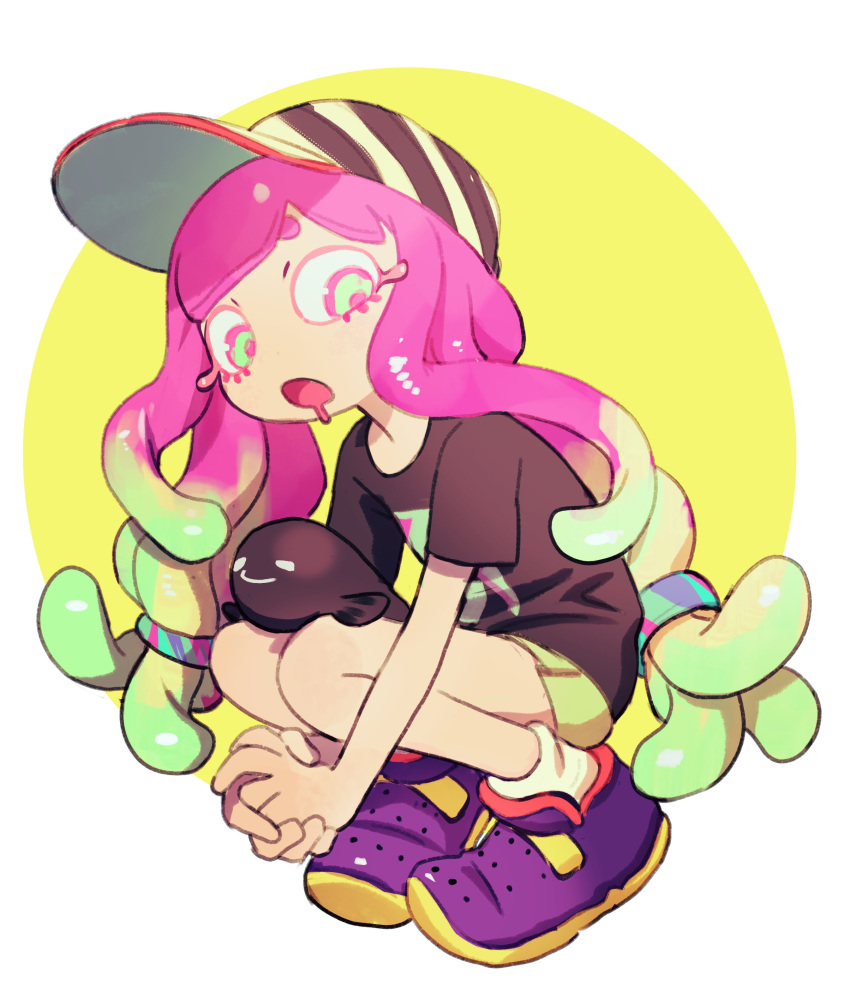 1girl absurdres bangs black_shirt colo_(nagrolaz) english_commentary eyelashes feet fish flat_chest full_body green_eyes green_hair green_shorts hairband harmony_(splatoon) hat highres interlocked_fingers knees knees_together_feet_apart long_hair looking_at_viewer multicolored_hair open_mouth own_hands_clasped own_hands_together pigeon-toed pink_hair purple_footwear shirt shoes shorts simple_background sneakers socks solo splatoon_(series) splatoon_2 splatoon_3 squatting striped striped_headwear t-shirt tentacle_hair two-tone_hair white_background yellow_background