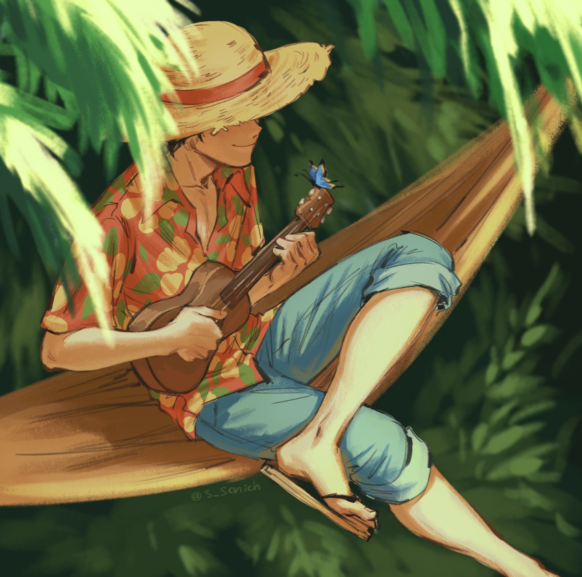 1boy artist_name black_hair blue_pants blurry bug butterfly closed_mouth collarbone commentary covered_eyes crossed_legs feet hammock hat hawaiian_shirt highres holding holding_instrument instrument leaf male_focus monkey_d._luffy one_piece outdoors pants pants_rolled_up pointy_nose shadow shirt short_sleeves sitting smile solo sonich straw_hat toes toned toned_male ukulele