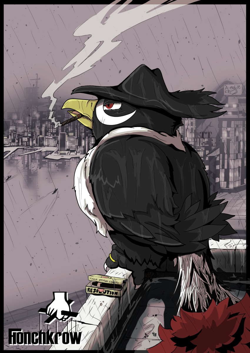 absurdres animal_focus beak bird building character_name cigar city claws commentary_request feathers hat highres honchkrow looking_afar no_humans outdoors pokemon pokemon_(creature) rain red_eyes rooftop smoke smoking t0k0d18 tail