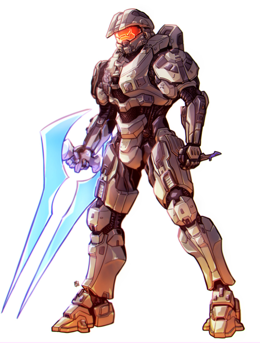 1boy absurdres energy_sword halo_(series) halo_4 head_tilt helmet highres holding holding_knife holding_sword holding_weapon knife male_focus master_chief nasutetsu power_armor solo sword type-1_energy_sword visor weapon white_background