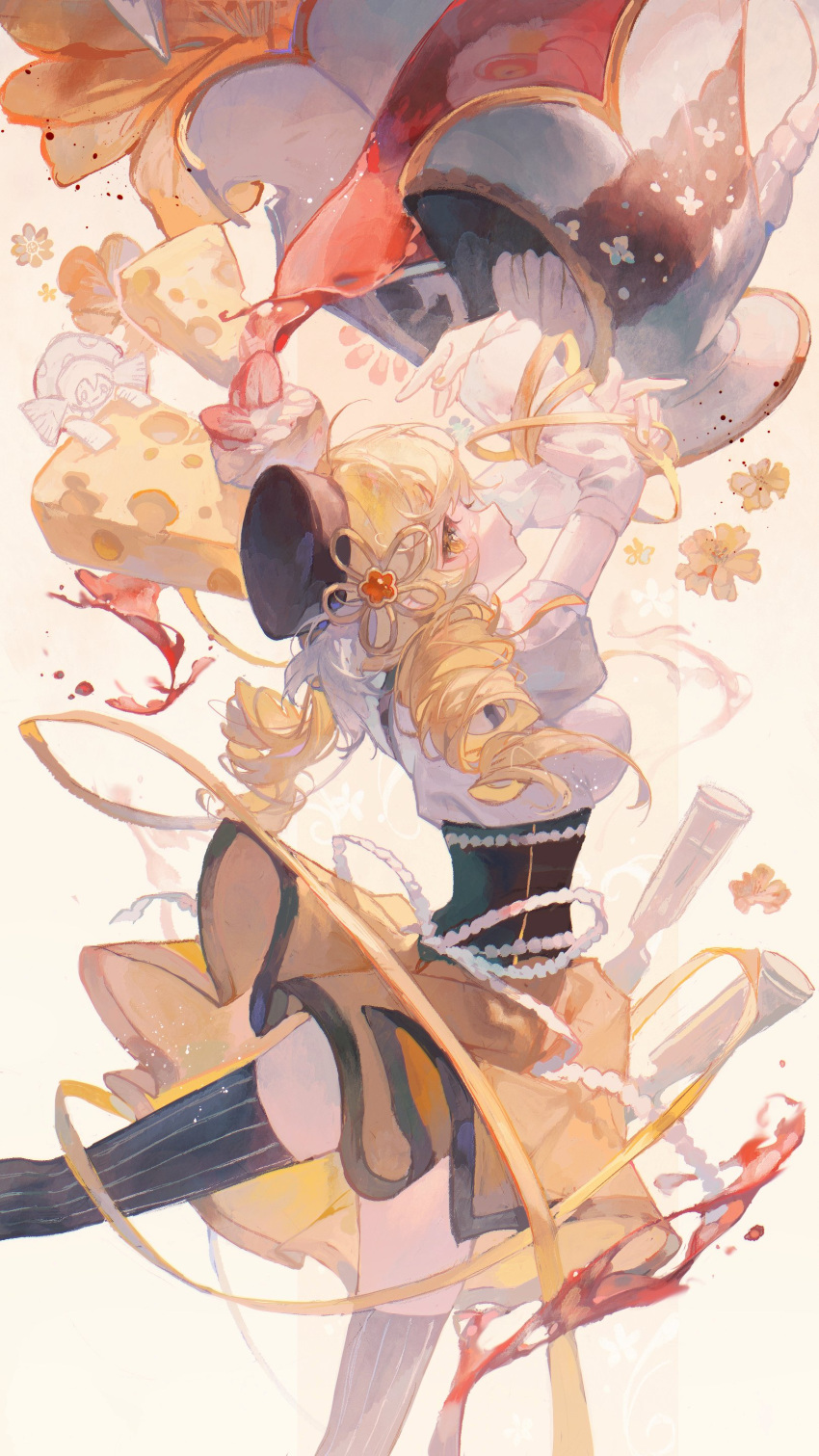 1other absurdres arms_up back_bow black_corset black_headwear black_thighhighs blonde_hair bow breasts charlotte_(madoka_magica) cheese corset cup curly_hair dancing detached_sleeves feet_out_of_frame flower flower-shaped_hair food food-themed_background from_side hair_ornament hat highres holding holding_ribbon juice leg_up looking_to_the_side maccha_(mochancc) mahou_shoujo_madoka_magica medium_breasts puffy_short_sleeves puffy_sleeves reflection ribbon shirt short_sleeves skirt socks star_(symbol) star_hair_ornament striped striped_socks thigh-highs tomoe_mami white_bow white_shirt yellow_eyes yellow_flower yellow_ribbon yellow_skirt