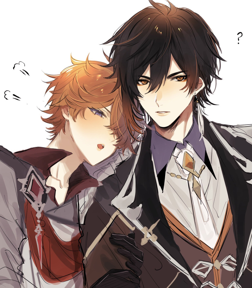 2boys :o ? bangs black_gloves blue_eyes blush brooch brown_eyes brown_hair brown_jacket brown_shirt brown_vest collarbone collared_shirt colored_tips commentary_request earrings eyelashes formal gem genshin_impact gloves gradient_hair grey_jacket hair_over_one_eye head_on_another's_shoulder head_rest highres holding_another's_arm jacket jewelry long_sleeves looking_at_viewer male_focus multicolored_hair multiple_boys necktie oky724 one_eye_covered open_mouth orange_hair parted_lips red_scarf red_shirt scarf shirt short_hair single_earring sketch solo tartaglia_(genshin_impact) tassel tassel_earrings upper_body vest white_background white_necktie zhongli_(genshin_impact)