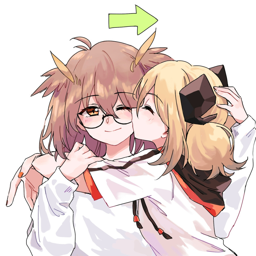 2girls ;) arknights arm_up arrow_(symbol) black-framed_eyewear blonde_hair blush brown_eyes brown_hair closed_eyes closed_mouth commentary english_commentary glasses hand_on_another's_head highres hood hood_down hoodie ifrit_(arknights) kiss kissing_cheek long_hair long_sleeves low_twintails multiple_girls nail_polish one_eye_closed orange_nails puffy_long_sleeves puffy_sleeves rotem_(25rot) semi-rimless_eyewear shirt short_sleeves silence_(arknights) simple_background sleeves_past_wrists smile twintails under-rim_eyewear upper_body white_background white_hoodie white_shirt yuri
