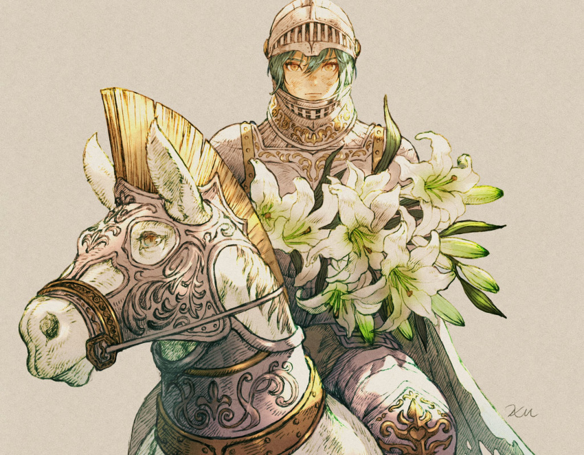 1girl armor armored_animal bangs bouquet breastplate brown_background brown_eyes bruise bruise_on_face cape commentary english_commentary expressionless faulds feet_out_of_frame flower full_armor greaves green_hair grey_cape hair_between_eyes hatching_(texture) helm helmet highres holding holding_bouquet holding_flower horse horseback_riding injury knight kuroimori lily_(flower) looking_at_viewer original pauldrons reins riding short_hair shoulder_armor signature simple_background sitting solo visor white_flower