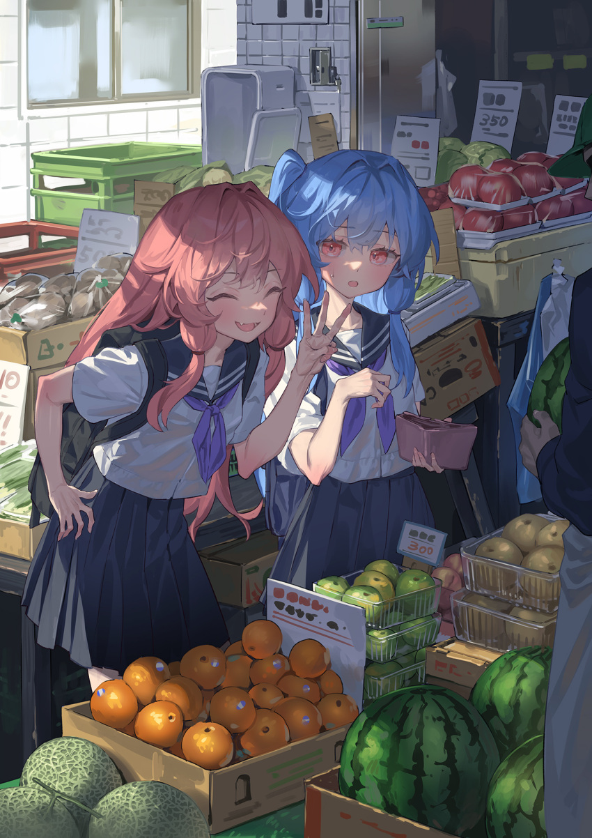 1boy 2girls :d ^_^ apple bag basket bento black_skirt blue_hair cabbage cashier closed_eyes copyright_request eggplant fang flat_chest food fruit groceries grocery_bag hand_on_hip highres looking_at_another melon multiple_girls neckerchief orange_(fruit) pink_eyes pink_hair pleated_skirt school_uniform serafuku shopping_bag skin_fang skirt smile w wallet watermelon yamamomo_(plank)