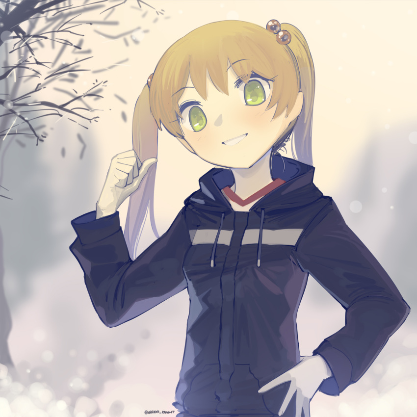 1girl bare_tree black_jacket blonde_hair blush boa_(brianoa) branch commentary drawstring english_commentary green_eyes grin hair_bobbles hair_ornament hand_on_hip hand_up head_tilt highres hood hood_down hooded_jacket hoodie ibarazaki_emi jacket katawa_shoujo light_brown_hair long_sleeves looking_at_viewer outdoors pocket pointing pointing_at_self short_hair sketch smile solo tree twintails twitter_username upper_body