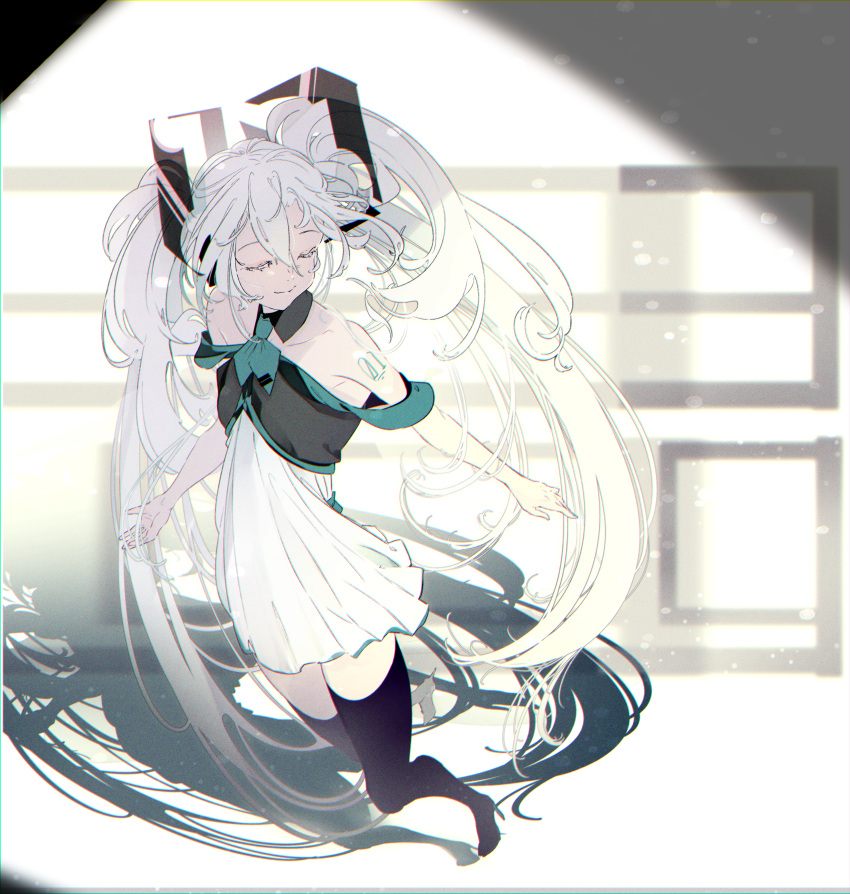 1girl absurdres black_collar black_thighhighs closed_eyes closed_mouth collar full_body green_necktie hatsune_miku high_heels highres long_hair maimuro necktie number_tattoo shadow smile solo tagme tattoo thigh-highs twintails very_long_hair vocaloid