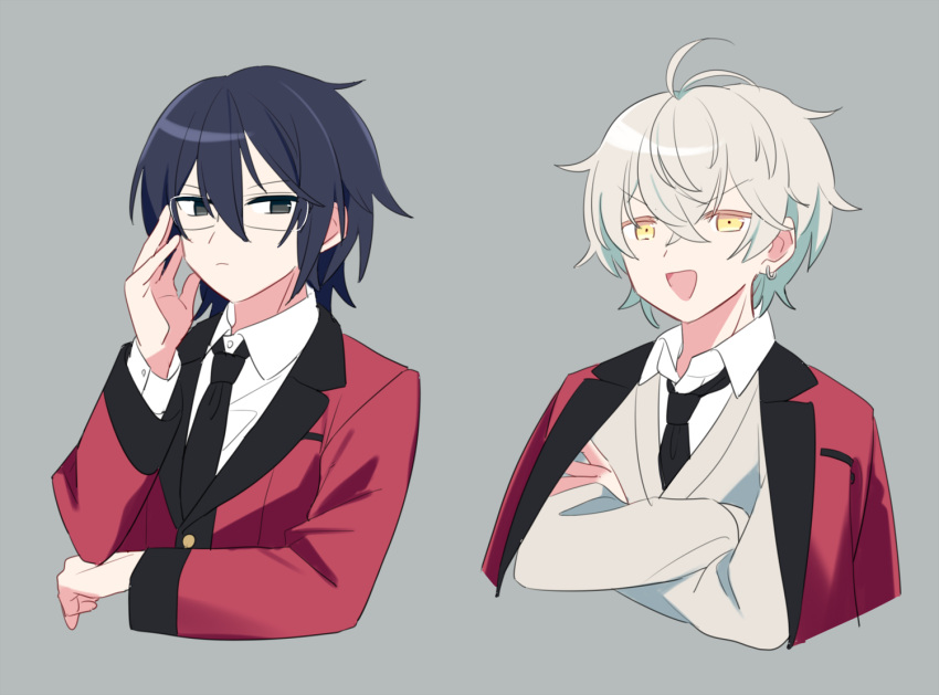 2boys ahoge black_eyes black_hair crossed_arms formal glasses grey_background ishihara_usumi jiitarou kisaragi_ren_(mahjong_soul) looking_at_viewer mahjong_soul male_focus matching_outfit multiple_boys necktie red_suit short_hair sketch suit wavy_hair white_hair yellow_eyes