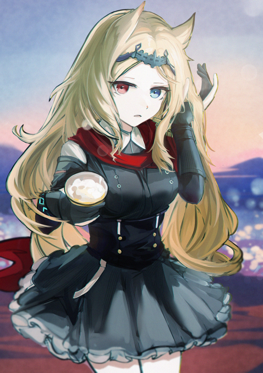 1girl absurdres animal_ears archetto_(arknights) arknights black_dress black_gloves blonde_hair blue_eyes breasts cup dress drink drinking_straw forehead frilled_dress frills gloves hand_up heterochromia highres holding holding_cup long_hair long_sleeves looking_at_viewer mizuhashi_parusui mountain outdoors parted_lips pleated_dress red_eyes small_breasts solo sunset very_long_hair