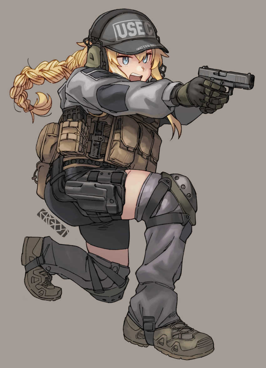 1girl aiming aqua_eyes bangs blonde_hair braid brown_footwear clothes_writing commission english_commentary ergot gloves grey_background grey_headwear gun hair_between_eyes handgun hat headphones highres holding holding_gun holding_weapon indie_virtual_youtuber knee_pads long_hair long_sleeves military one_knee open_mouth simple_background single_braid solo vest virtual_youtuber weapon whiskey_project