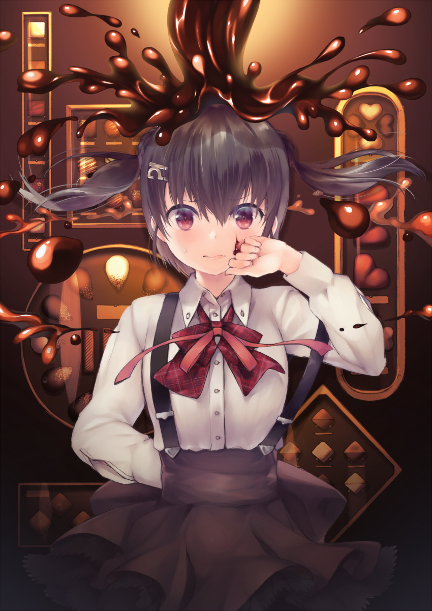 !? 1girl arm_behind_back bangs black_hair blush bow bowtie box box_of_chocolates chocolate chocolate_on_face chocolate_on_head floating_hair food food_on_face frown hair_ornament hand_up highres long_hair long_sleeves messy n:go neck_ribbon original plaid plaid_bow red_eyes ribbon skirt solo strap_slip suspender_skirt suspenders sweat twintails wiping_face