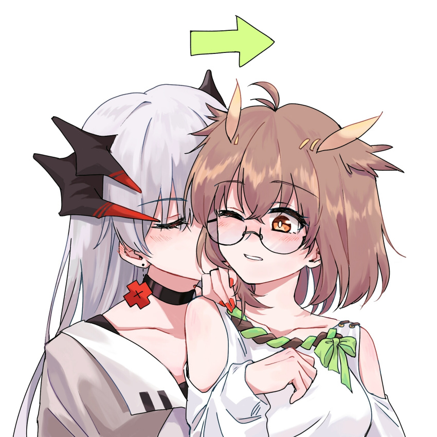 2girls arknights arrow_(symbol) bangs bare_shoulders black-framed_eyewear black_choker black_shirt blush brown_eyes brown_hair choker closed_eyes clothing_cutout collarbone glasses grey_hair hair_between_eyes hand_on_another's_shoulder hand_up highres jacket long_hair multiple_girls nail_polish one_eye_closed open_clothes open_jacket parted_lips red_nails rotem_(25rot) saria_(arknights) semi-rimless_eyewear shirt shoulder_cutout silence_(arknights) simple_background under-rim_eyewear white_background white_jacket white_shirt yuri