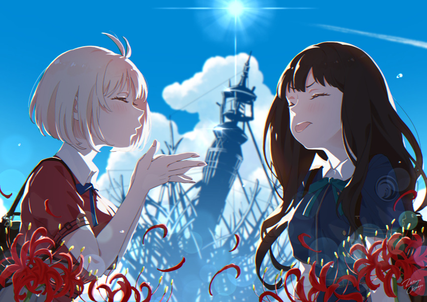 2girls absurdres antenna_hair artist_name bag bangs blonde_hair blowing_kiss blue_jacket blue_ribbon blurry blurry_background blush brown_hair closed_eyes clouds collared_shirt flower green_ribbon hands_up highres inoue_takina jacket lens_flare long_hair lycoris_recoil multiple_girls neck_ribbon nishikigi_chisato outdoors own_hands_together puckered_lips red_jacket ribbon school_bag shirt short_hair spider_lily sun tongue tongue_out upper_body v-shaped_eyebrows zetsuyo_chimayo