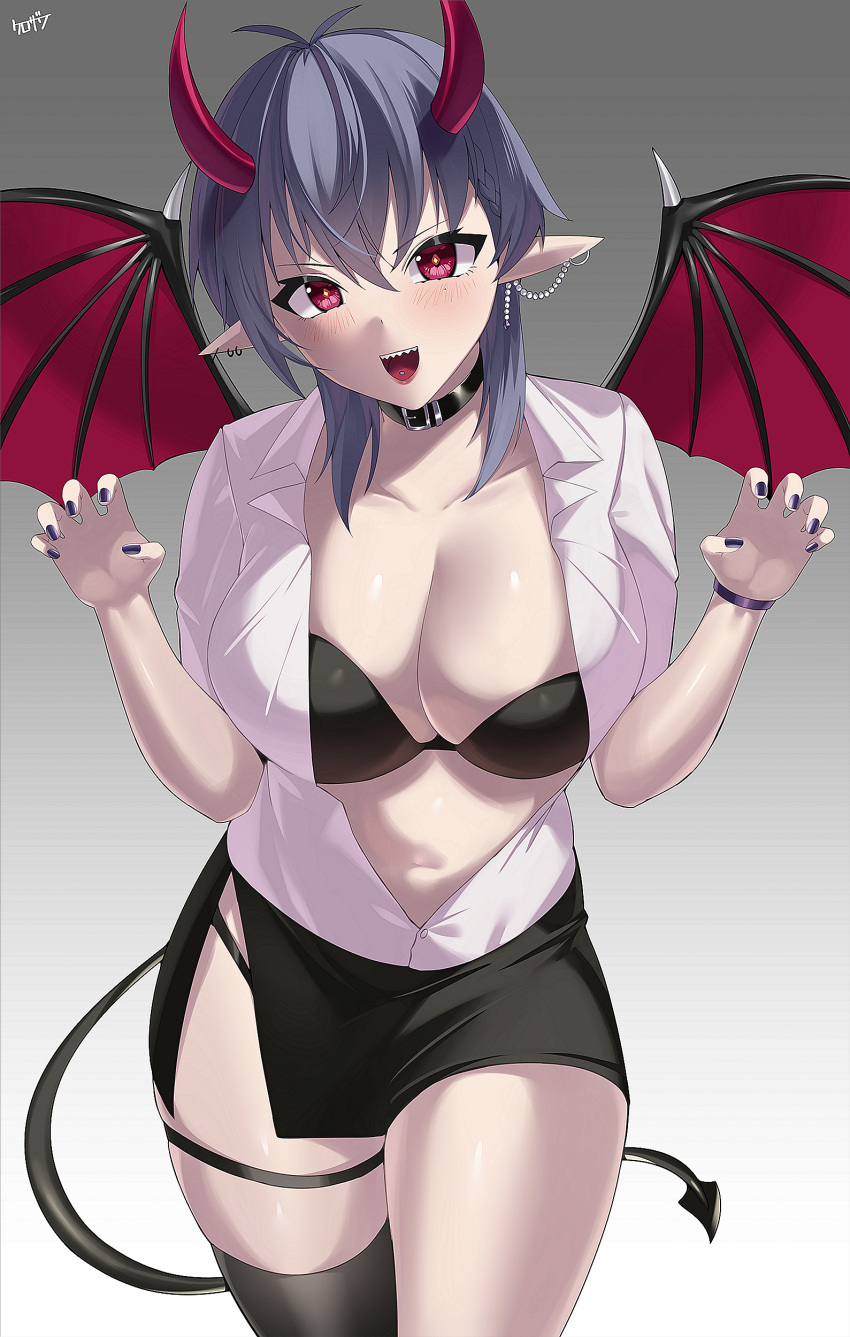 1girl absurdres breasts choker claw_pose demon_girl demon_tail demon_wings earrings hair_between_eyes highres horns jewelry kurozawa_yui large_breasts leaning_forward looking_at_viewer medium_hair navel open_clothes open_shirt purple_hair red_eyes sharp_teeth shirt side_slit single_thighhigh skindentation solo tail teeth thigh-highs thigh_strap white_shirt wings