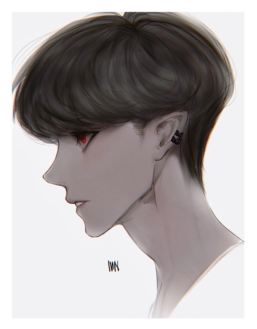 1boy adam's_apple bangs black_hair earclip eyelashes from_side hanes_025 highres korean_commentary looking_away original parted_lips pointy_ears portrait profile red_eyes short_hair sideburns simple_background solo