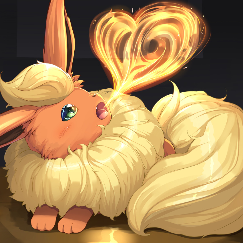 absurdres breathing_fire commentary_request fire flaming_hearts flareon fluffy full_body green_eyes heart highres kitsunerider no_humans pokemon pokemon_(creature) solo