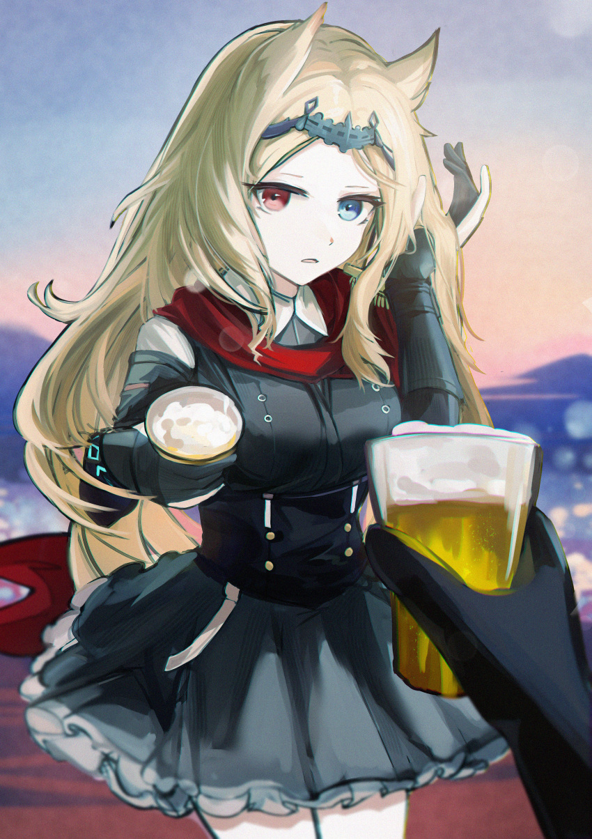 1girl 1other absurdres animal_ears archetto_(arknights) arknights black_dress black_gloves blonde_hair blue_eyes breasts commentary_request cup dress drink drinking_straw forehead frilled_dress frills gloves hand_up heterochromia highres holding holding_cup long_hair long_sleeves looking_at_viewer mizuhashi_parusui mountain outdoors parted_lips pleated_dress red_eyes small_breasts solo_focus sunset very_long_hair