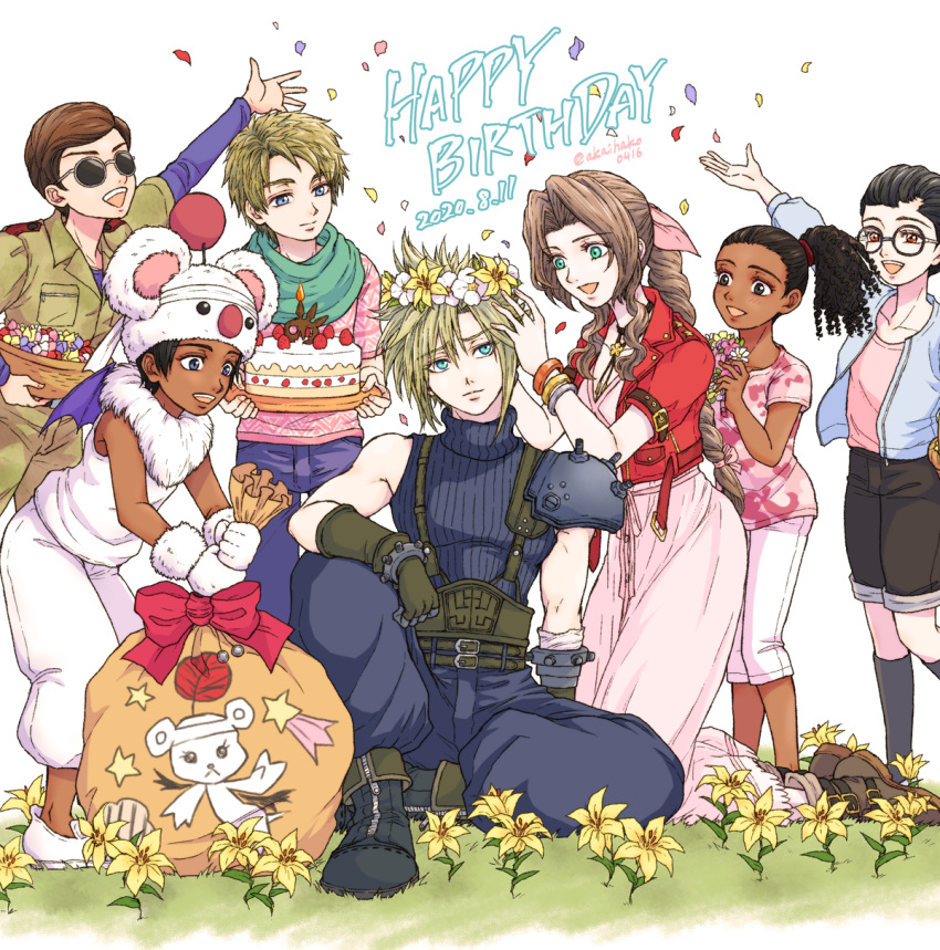 3girls 4boys aerith_gainsborough animal_hat aqua_eyes armor baggy_pants bandaged_arm bandages bangle bangs basket belt birthday_cake black_footwear black_hair black_shorts blonde_hair blue_pants blue_shirt boots bracelet braid braided_ponytail brown_eyes brown_gloves brown_hair cake calf_socks choker cloud_strife collared_shirt cosplay cropped_jacket curly_hair dark-skinned_female dark-skinned_male dark_skin dated dress falling_petals female_child final_fantasy final_fantasy_vii final_fantasy_vii_remake flower flower_choker food fur_collar fur_gloves glasses gloves green_eyes green_scarf green_shirt hair_between_eyes hair_ribbon hand_on_another's_head hand_up happy_birthday hat head_wreath highres holding holding_basket holding_cake holding_flower holding_food holding_sack jacket jewelry knee_up kneeling long_dress long_sleeves male_child moggie_(ff7r) moogle moogle_(cosplay) multiple_belts multiple_boys multiple_girls oates_(ff7r) open_mouth outstretched_arms pants parted_bangs petals pink_dress pink_ribbon pink_shirt purple_pants red_jacket ribbon sack scarf shirt short_hair short_sleeves shorts shoulder_armor sidelocks sitting sleeveless sleeveless_turtleneck smile spiky_hair sunglasses suspenders teeth throwing_petals turtleneck twitter_username upper_teeth wavy_hair white_background white_footwear white_gloves white_headwear white_pants white_shirt yellow_flower you_(blacknwhite)