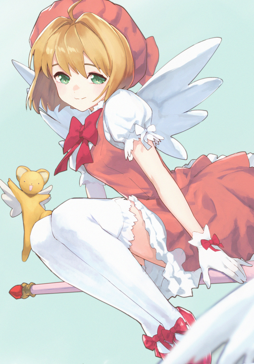 1girl absurdres ahoge arms_at_sides bangs blue_background bob_cut bow breasts cardcaptor_sakura closed_mouth commentary dress dress_bow eringi25 footwear_bow frilled_gloves frilled_sleeves frilled_thighhighs frills gloves green_eyes hair_between_eyes highres kero kinomoto_sakura layered_dress light_brown_hair looking_at_viewer medium_hair multicolored_clothes multicolored_dress pink_dress pink_headwear puffy_dress puffy_short_sleeves puffy_sleeves red_bow red_footwear short_dress short_sleeves simple_background small_breasts smile split_mouth straight_hair thigh-highs wand white_bow white_dress white_gloves white_thighhighs white_wings wings zettai_ryouiki