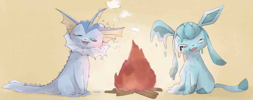 :3 animal_focus black_eyes blue_hair body_horror boiling boke-chan bubble campfire commentary_request fire full_body glaceon happy long_hair melting no_humans open_mouth pokemon pokemon_(creature) puddle sidelocks simple_background sitting smile steam vaporeon white_eyes wood yellow_background