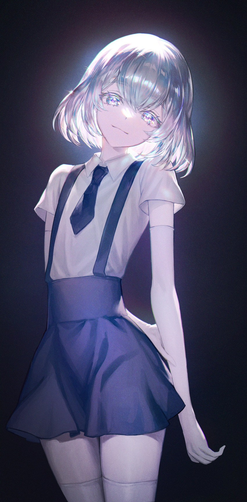 1other absurdres arm_behind_back bangs black_background black_necktie black_skirt closed_mouth commentary crystal_hair diamond_(houseki_no_kuni) elbow_gloves gloves highres houseki_no_kuni looking_at_viewer multicolored_eyes multicolored_hair necktie pale_skin rainbow_eyes rainbow_hair raji_(aranmax) shirt short_hair simple_background skirt solo sparkle suspender_skirt suspenders thigh-highs white_gloves white_shirt white_thighhighs